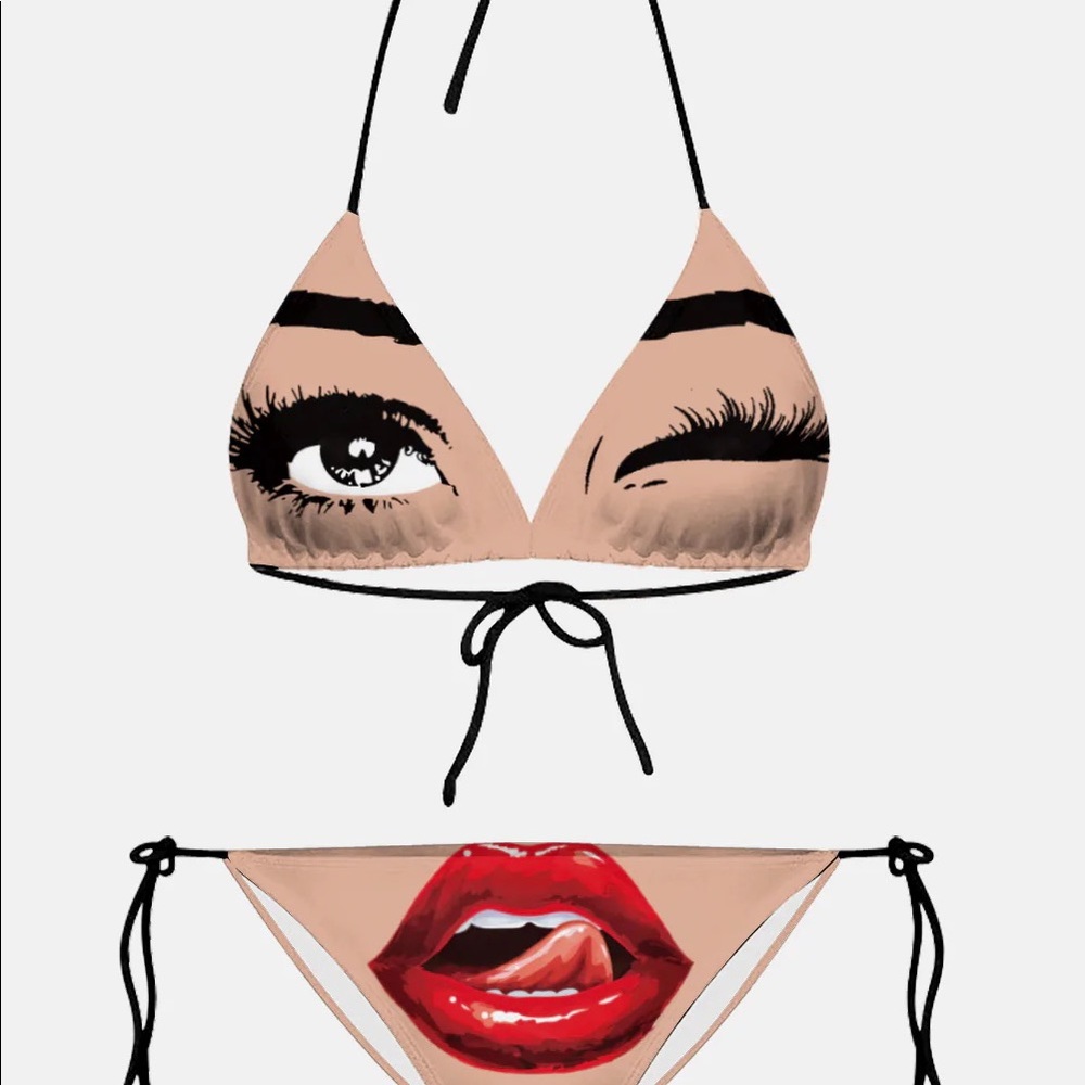 HALTER NECK FLIRTY FACE PRINT BIKINI SET